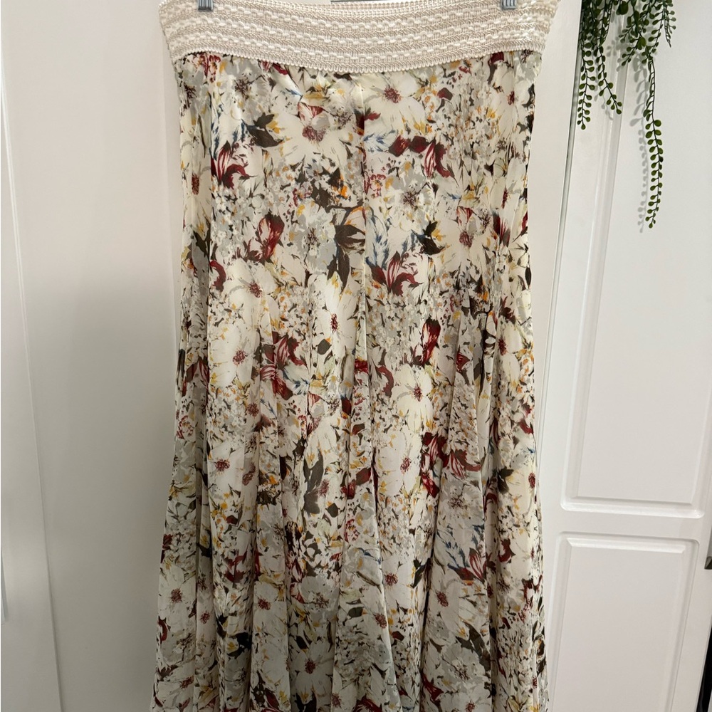 Lapis Pink and Red A-Line Midi Skirt with Smocked Pleats